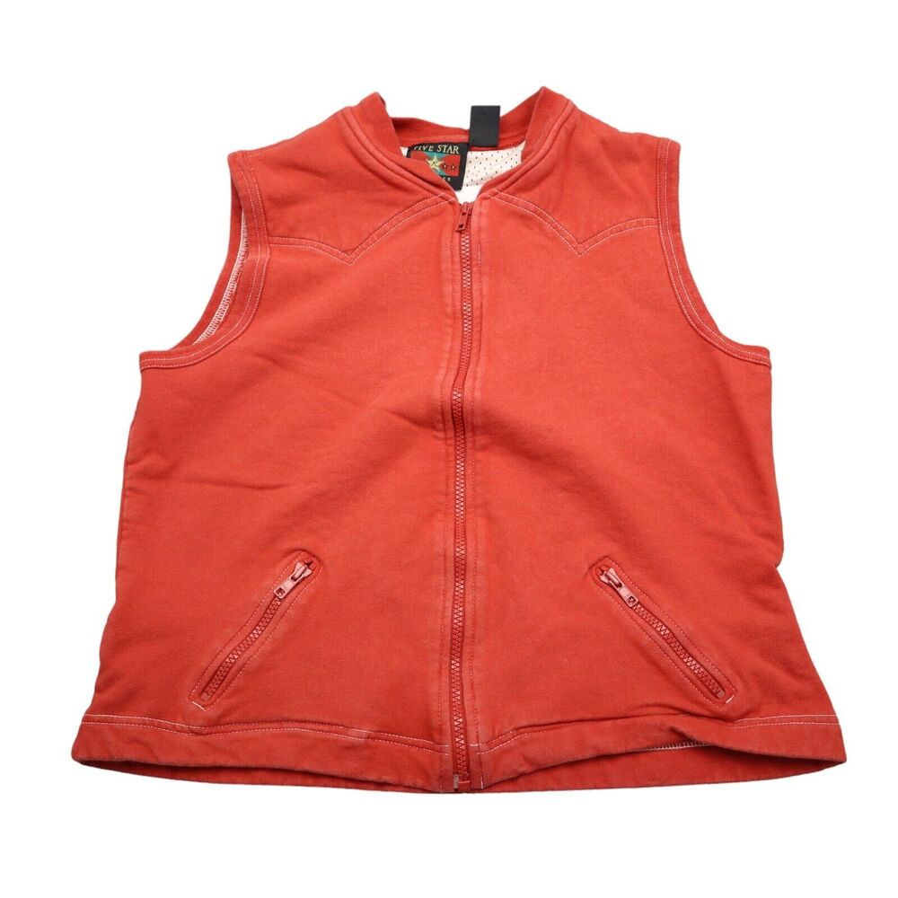 Five Star Vest Womens M Red Sleeveless Full Zip Pockets Dark Wash Cotton